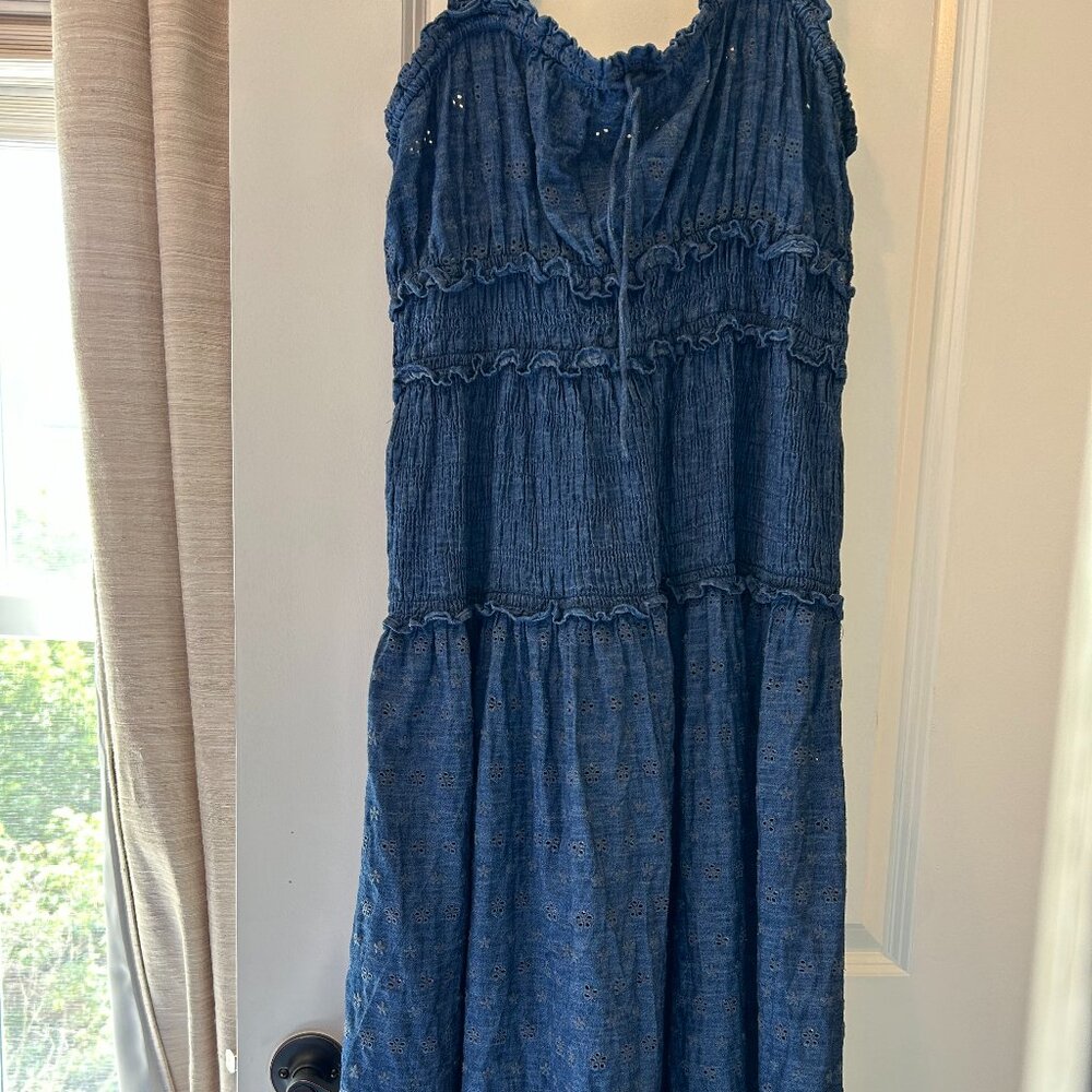 Doen x Gap Blue Denim eyelet midi ruffle dress L NWOT
